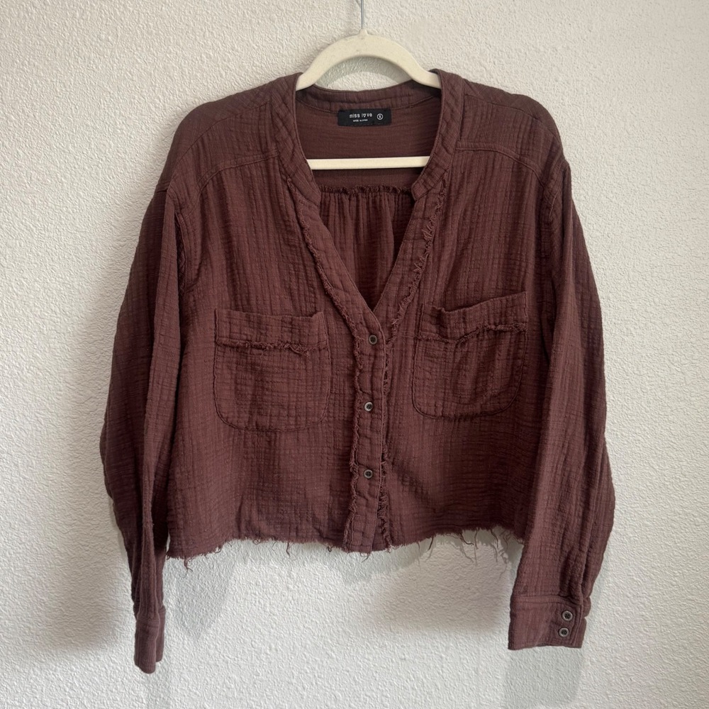 Miss Love Brown Cotton Gauze Cropped Button Front Raw Hem Top S Boho Shacket